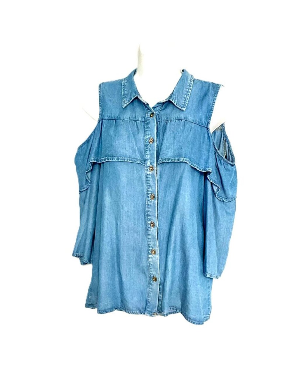 Haute Monde Cold Shoulder Button Front Chambray Denim Blouse Top Size S